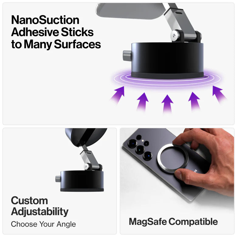 Premium Suction Cup Magnetic Support Holder – Obsidian Black Multi-Angle Retractable Folding Phone Mount for Car, Desk