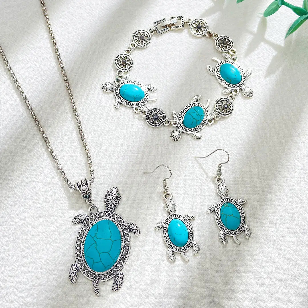 Turtle Jewelry Set Turquoise Silver Tones