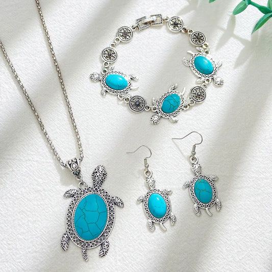 Turtle Jewelry Set Turquoise Silver Tones
