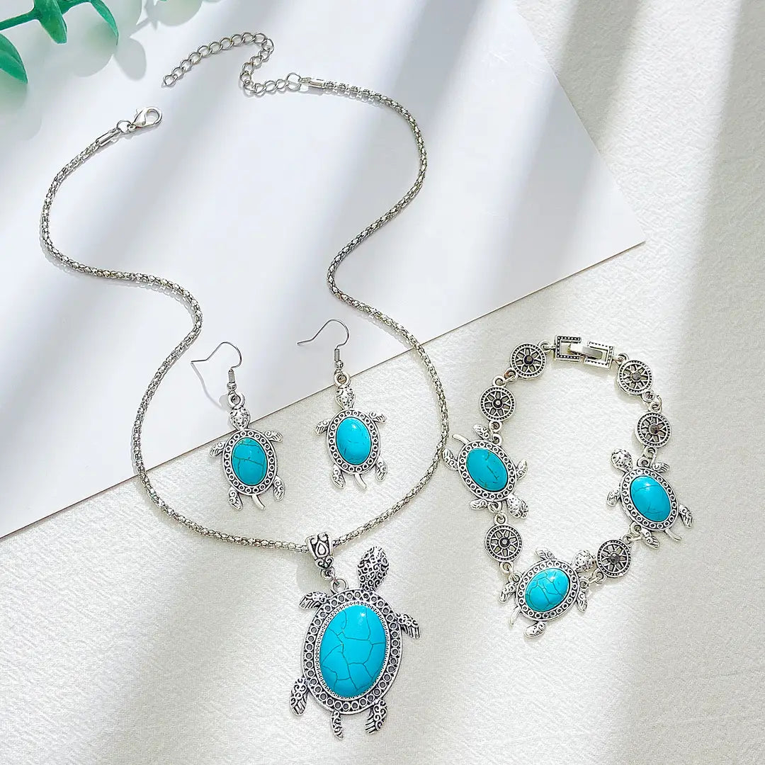 Turtle Jewelry Set Turquoise Silver Tones