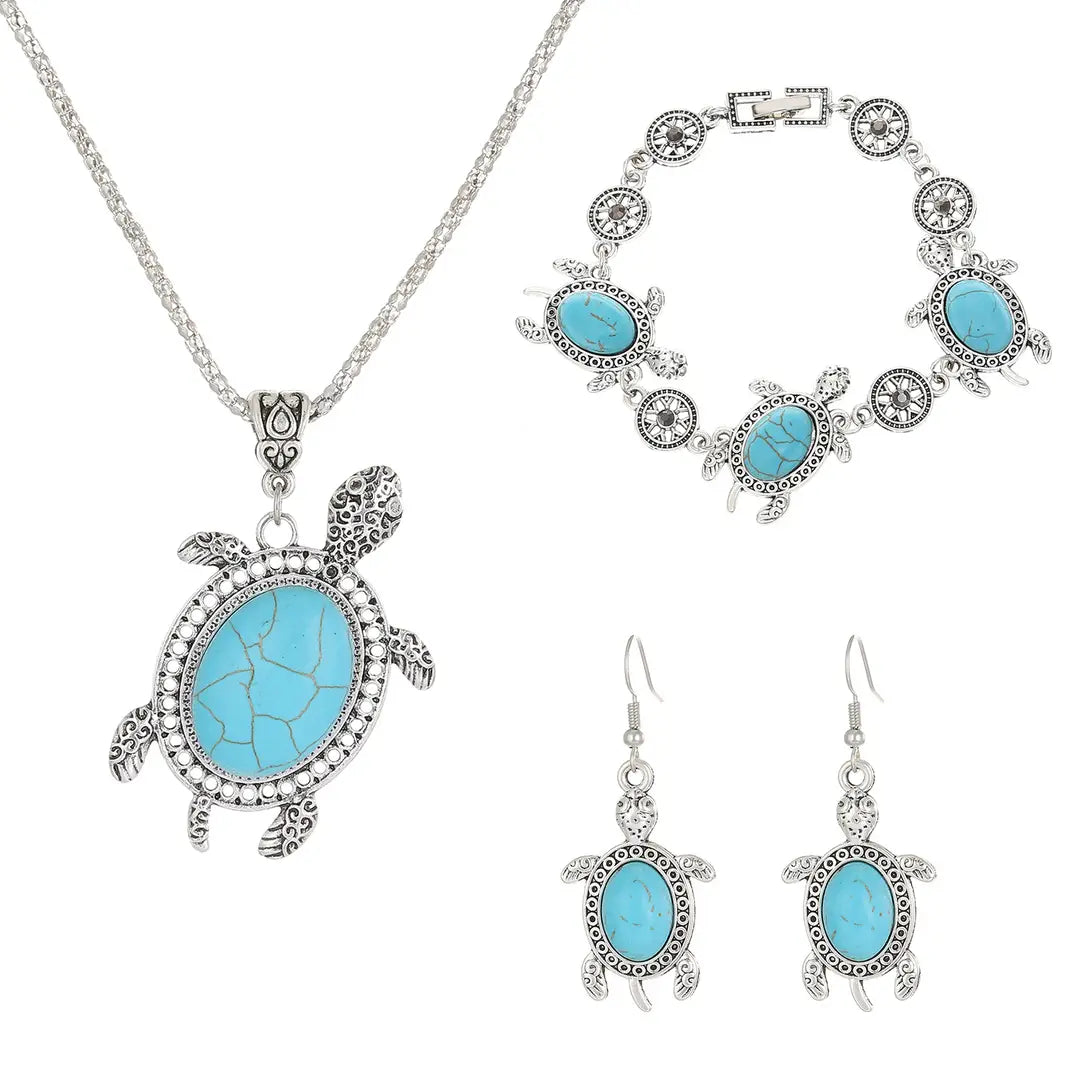 Turtle Jewelry Set Turquoise Silver Tones