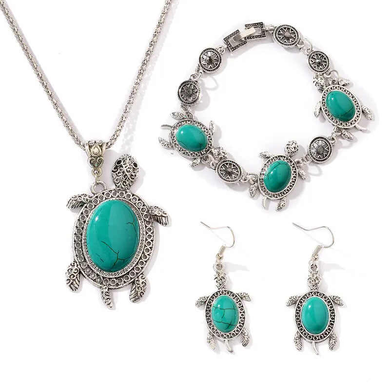 Turtle Jewelry Set Turquoise Silver Tones