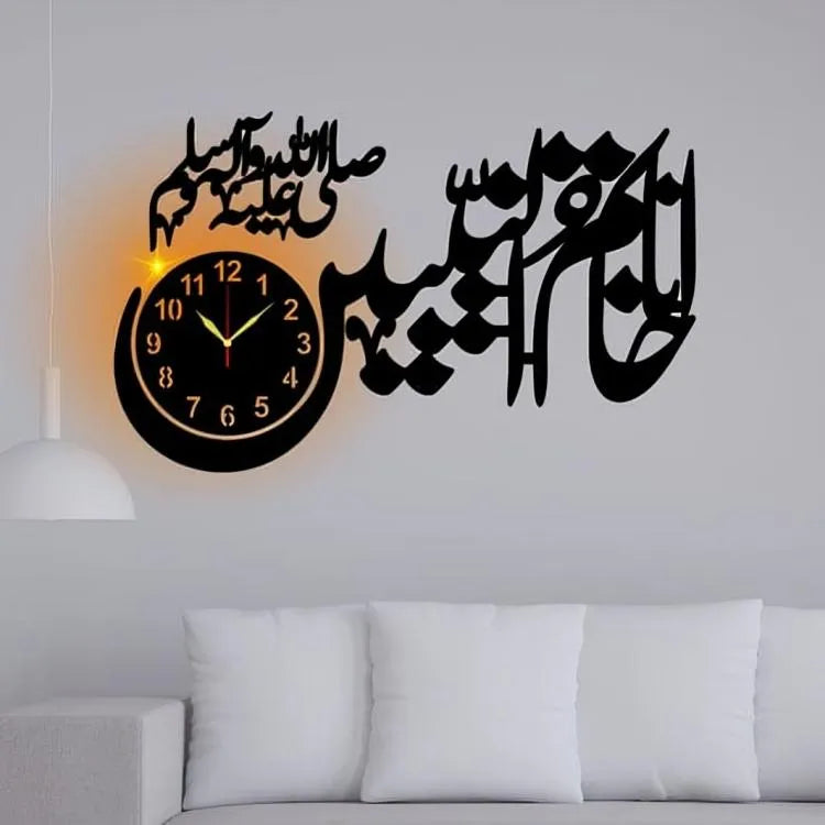Islamic Calligraphy Wall Clock with Backlight Black 15x25"