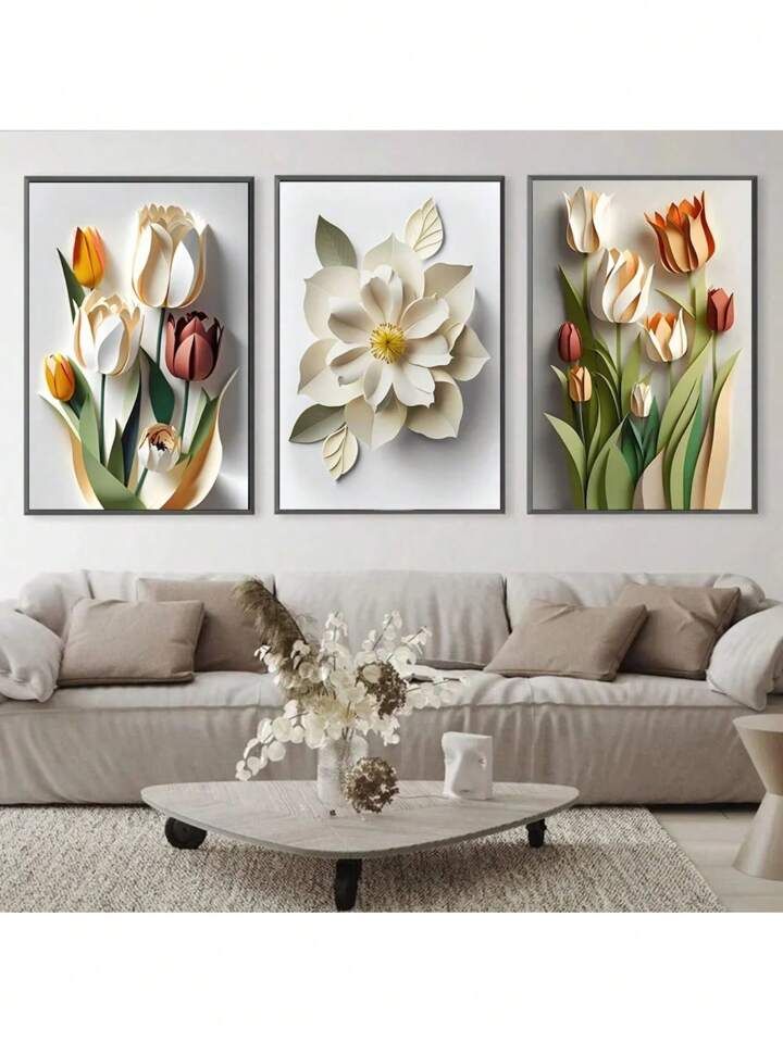 Modern 3D Effect Floral Wall Art Frames Set of 3 Elegant Paper Cut Style Tulips Blossoms Home Decor Size 8x11 Inches Each with Double Sided Tape