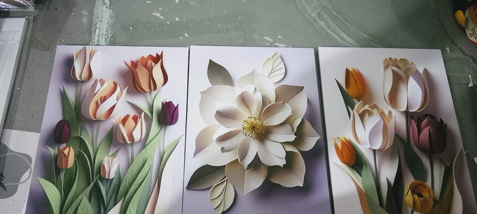 Modern 3D Effect Floral Wall Art Frames Set of 3 Elegant Paper Cut Style Tulips Blossoms Home Decor Size 8x11 Inches Each with Double Sided Tape