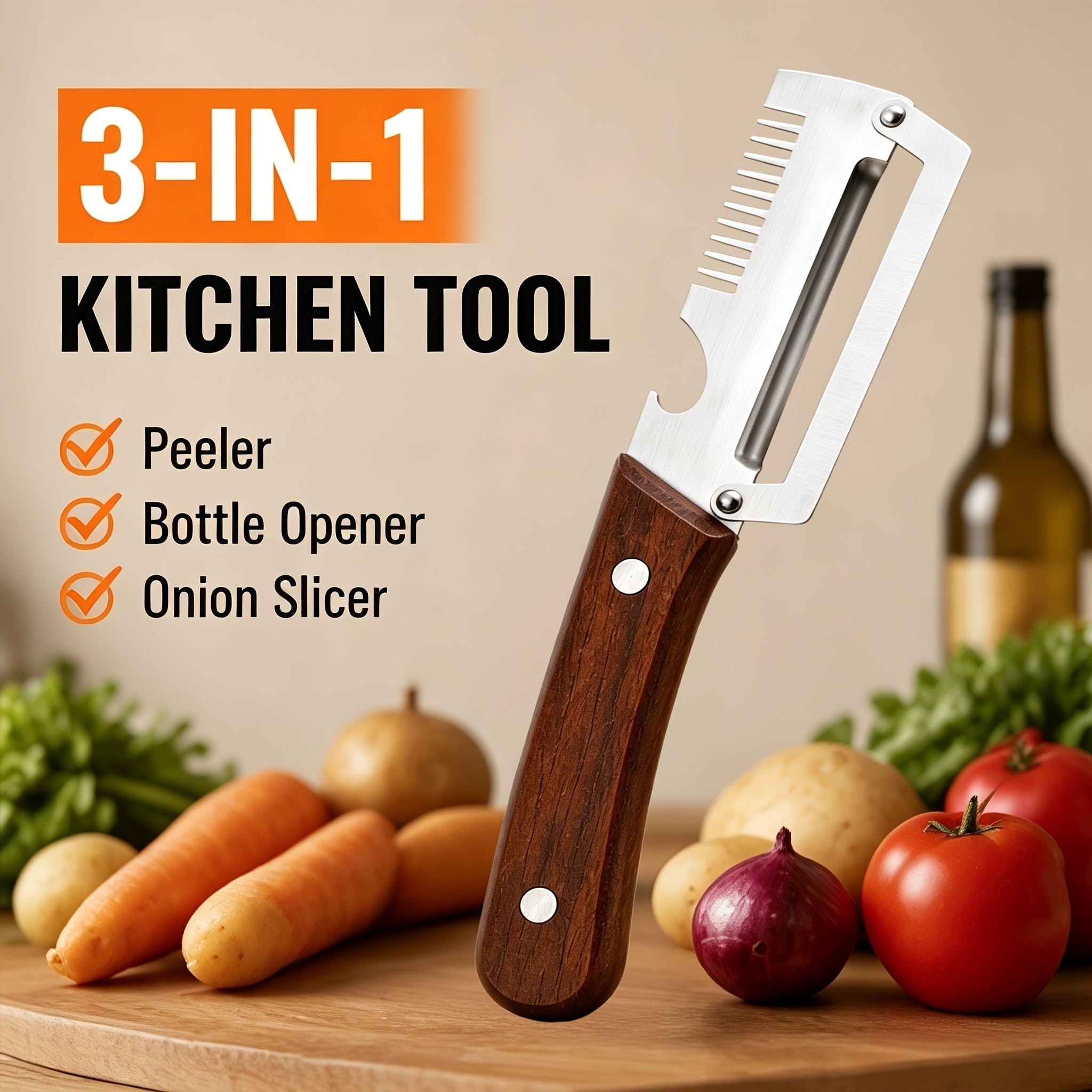 3in1 Peeler Knife Stainless Steel | Multifunctional Fruit & Vegetable Peeler With Wooden Handle | Kitchen Vegetable Cutter Slicer Tool & Bottle Opener