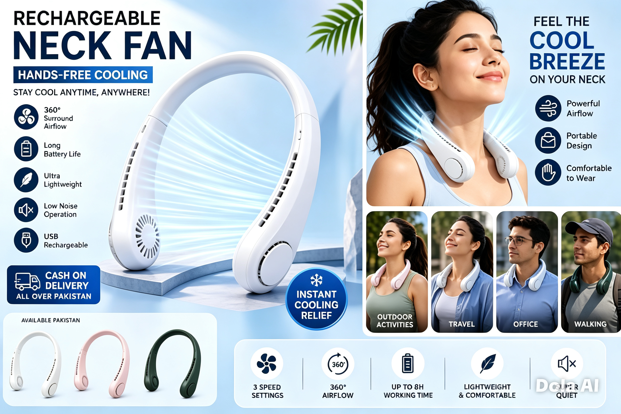 Portable Bladeless Neck Cooler – Hands-Free 360° Airflow USB Rechargeable Neck Fan for Indoor & Outdoor Use ~ 1200 mAh