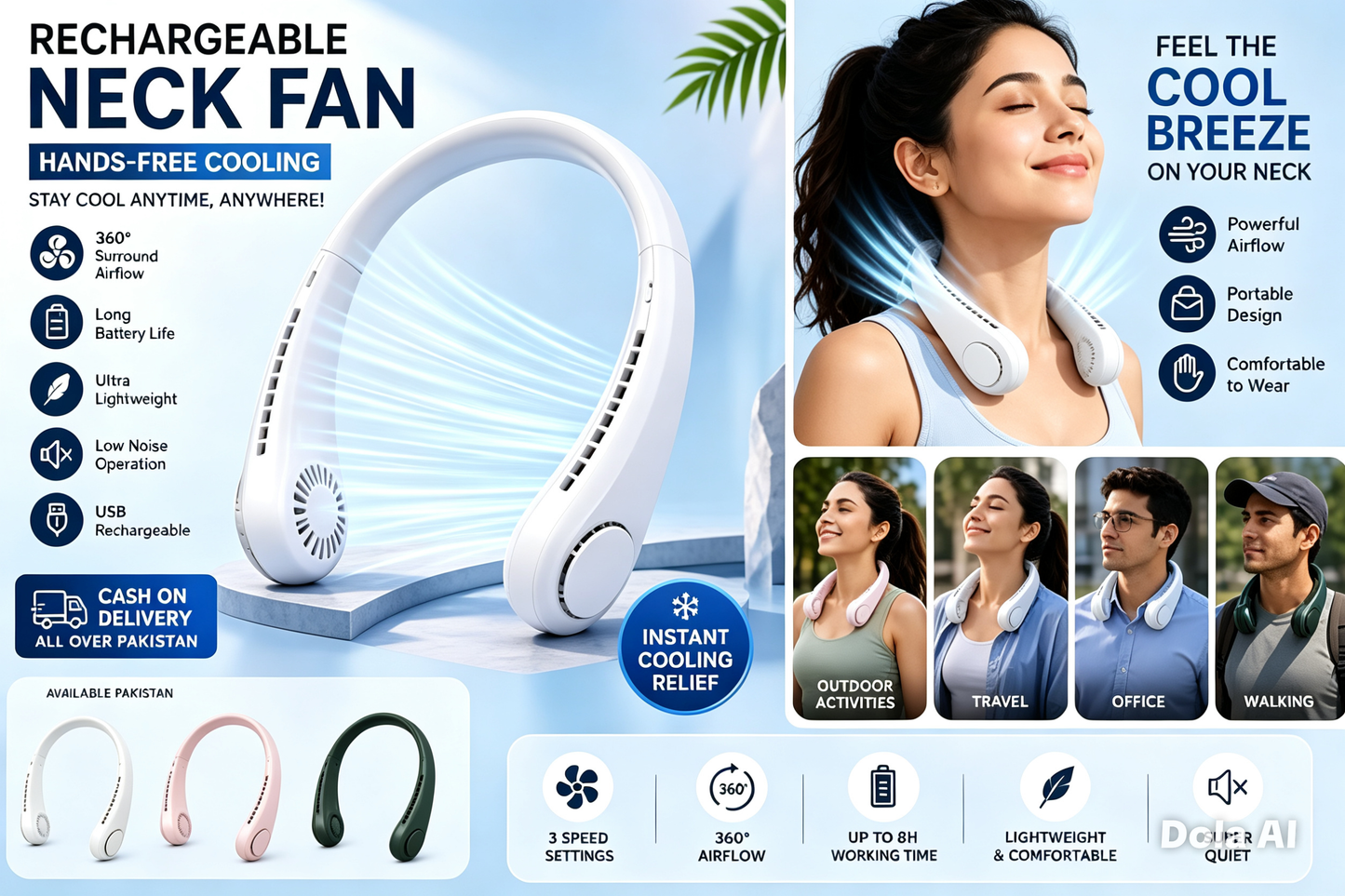 Portable Bladeless Neck Cooler – Hands-Free 360° Airflow USB Rechargeable Neck Fan for Indoor & Outdoor Use ~ 1200 mAh