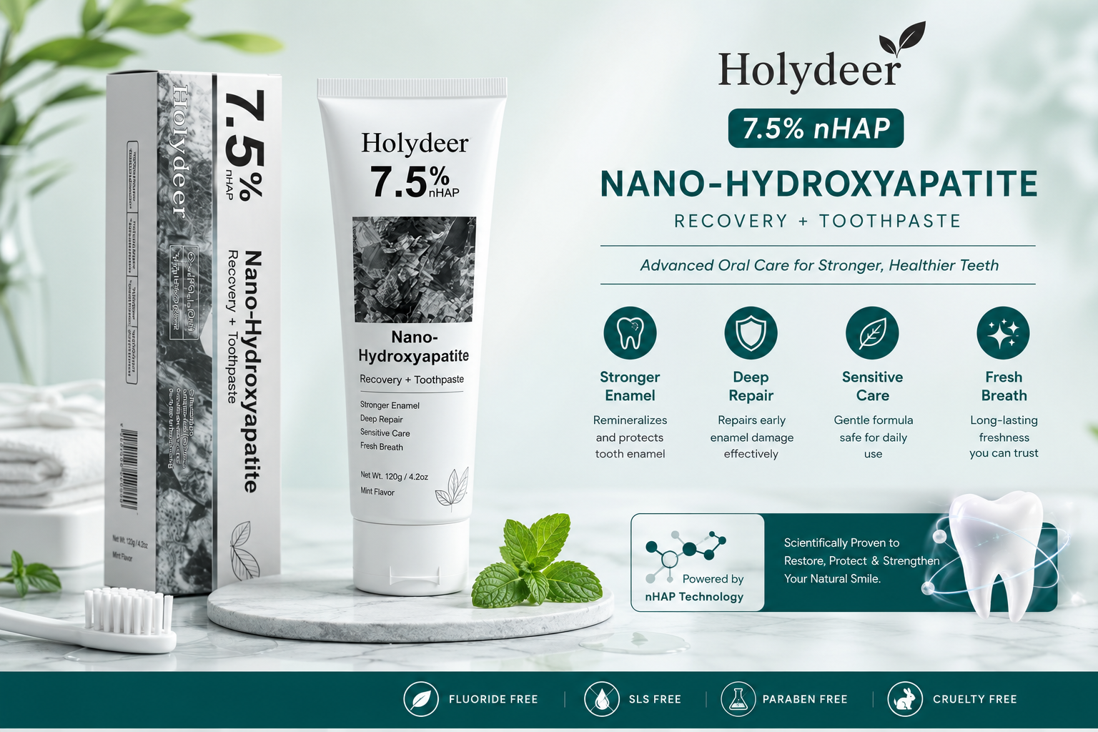 Holydeer Recovery Toothpaste | 7.5% Nano-Hydroxyapatite For Enamel Repair & Whitening - 120Gram