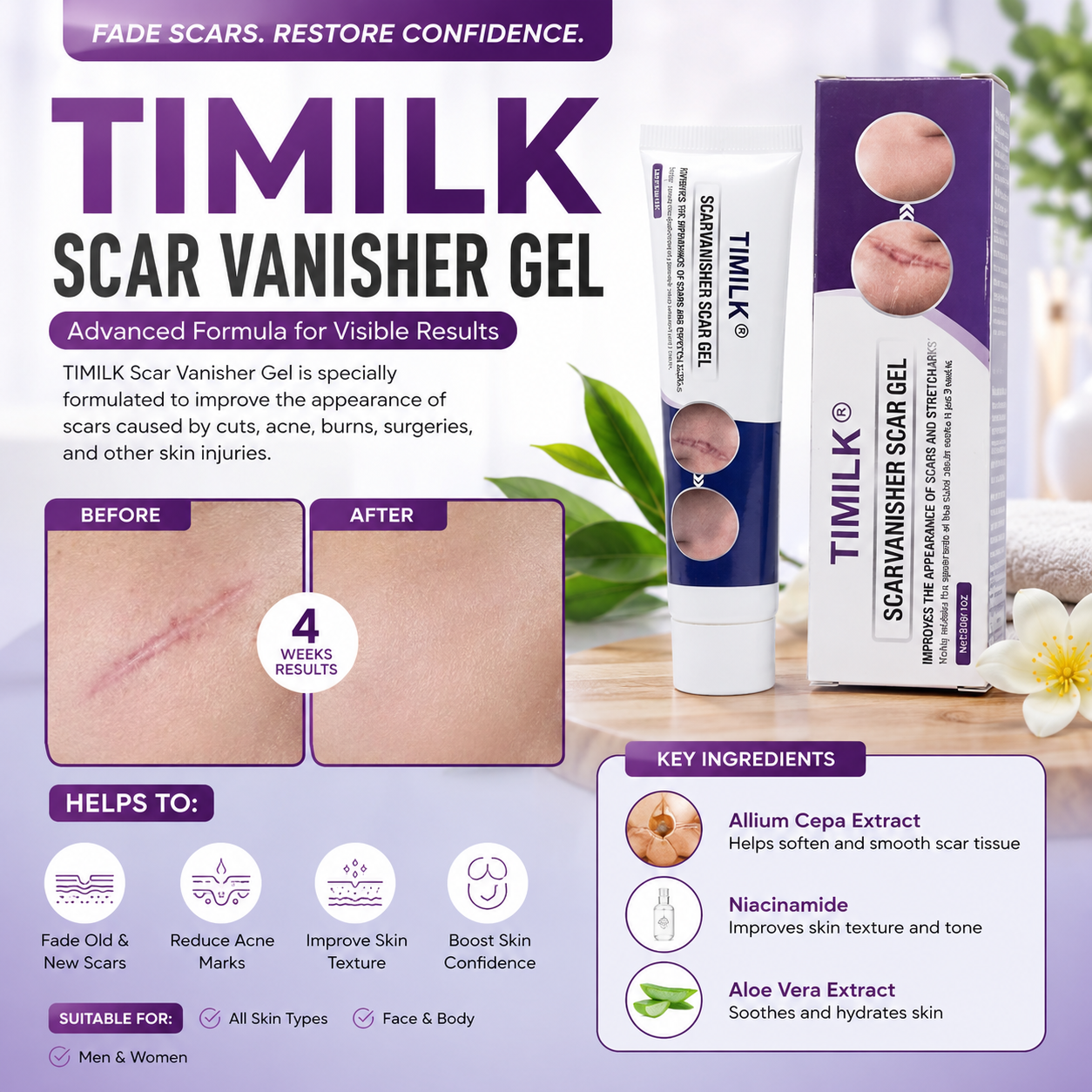 TIMILK Scarvanisher Scar Gel – Advanced Formula for Scars & Stretch Marks Reduction (30g / 1oz)