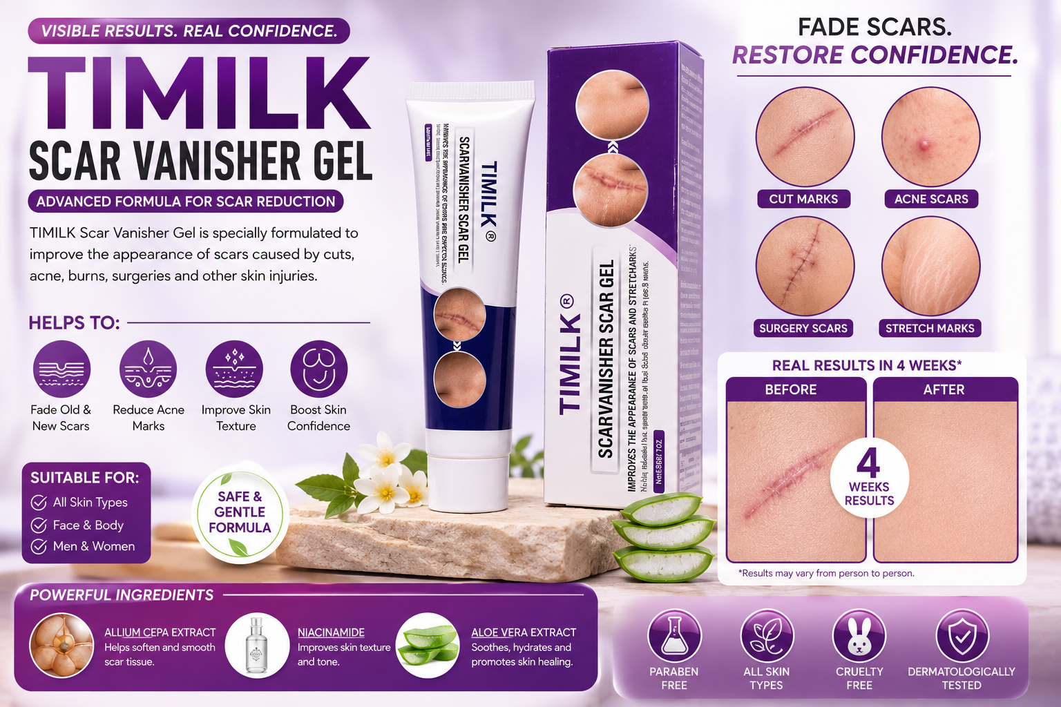 TIMILK Scarvanisher Scar Gel – Advanced Formula for Scars & Stretch Marks Reduction (30g / 1oz)