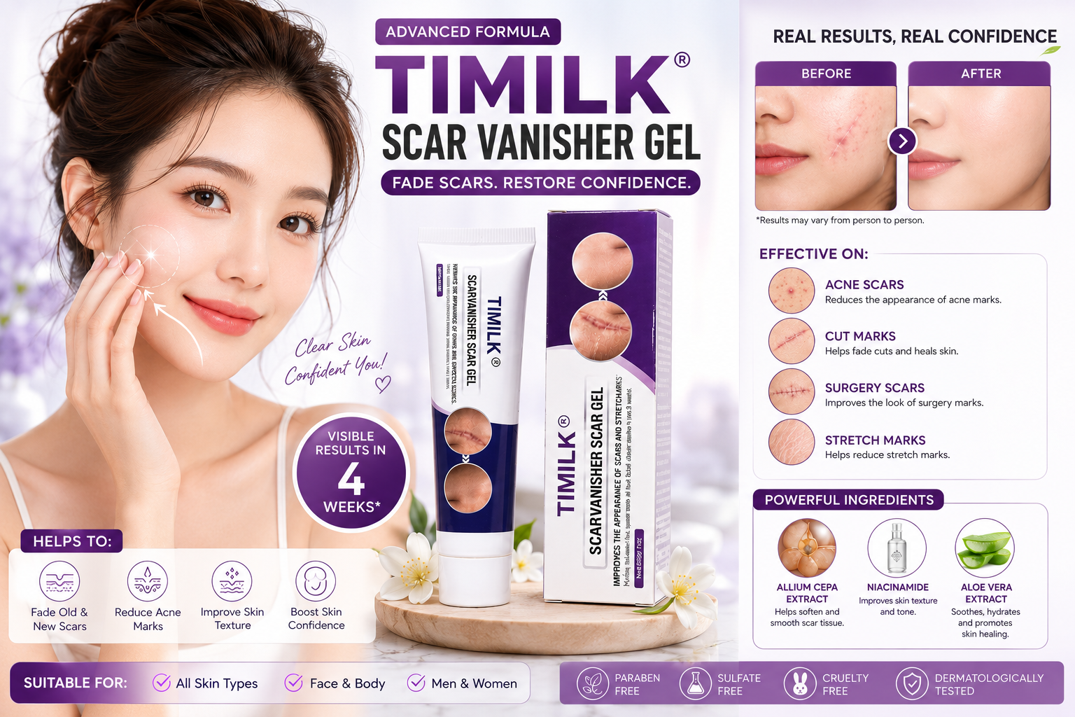 TIMILK Scarvanisher Scar Gel – Advanced Formula for Scars & Stretch Marks Reduction (30g / 1oz)