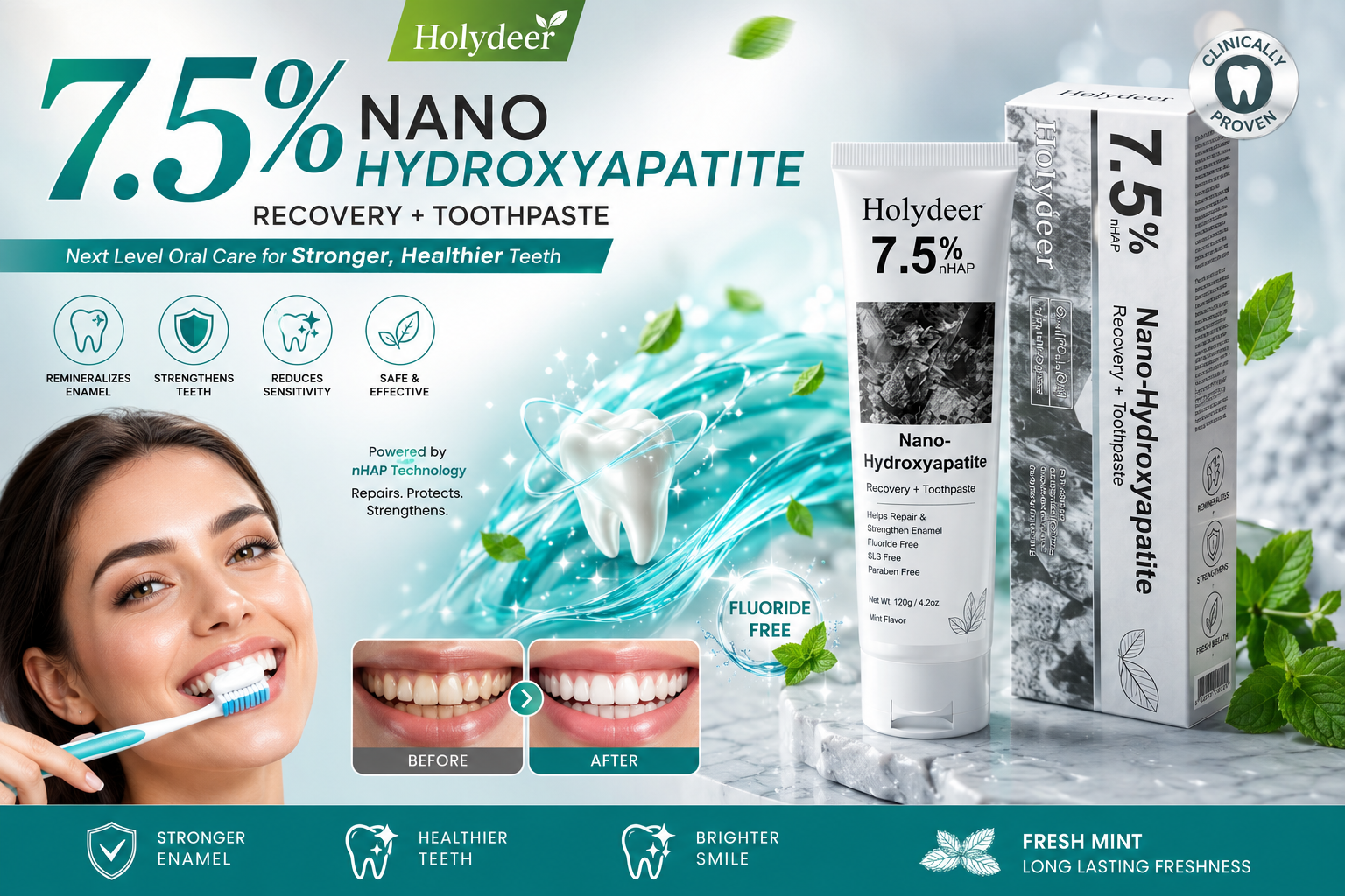 Holydeer Recovery Toothpaste | 7.5% Nano-Hydroxyapatite For Enamel Repair & Whitening - 120Gram