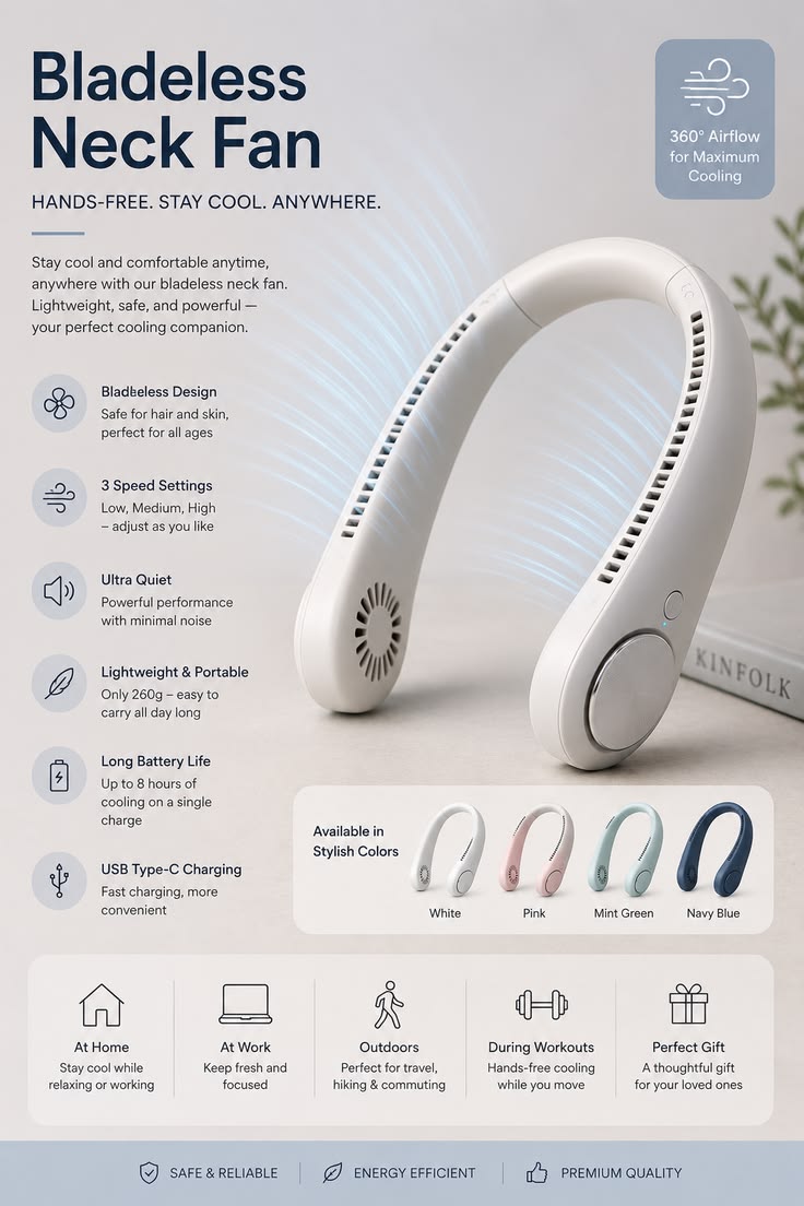 Portable Bladeless Neck Cooler – Hands-Free 360° Airflow USB Rechargeable Neck Fan for Indoor & Outdoor Use ~ 1200 mAh