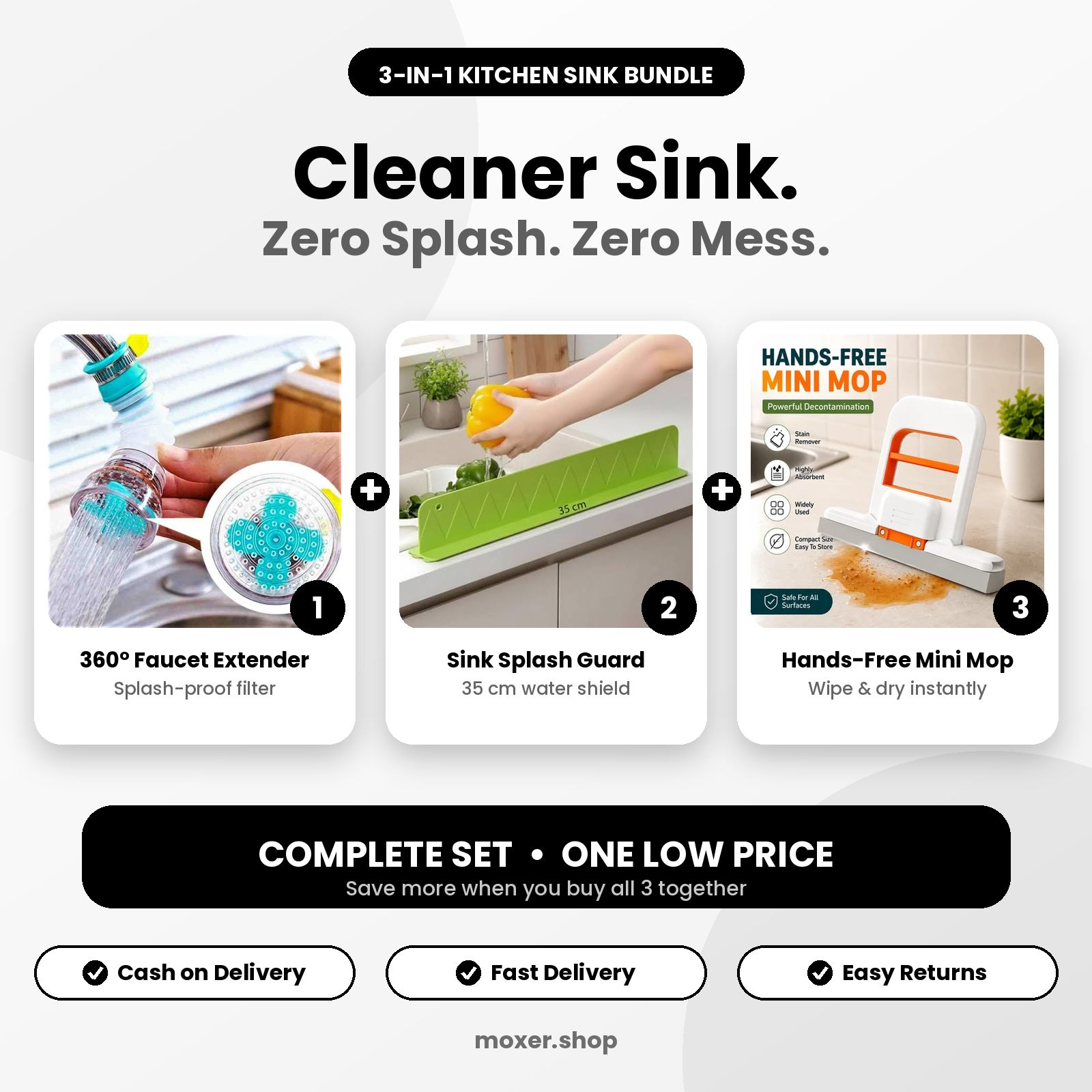 Bundle Of 3 - Faucet + Splash Guard + Mini Mop | Kitchen Pack Of 3
