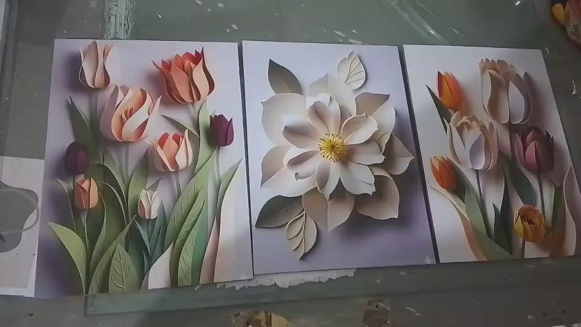 Modern 3D Effect Floral Wall Art Frames Set of 3 Elegant Paper Cut Style Tulips Blossoms Home Decor Size 8x11 Inches Each with Double Sided Tape