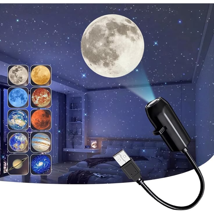 USB Ceiling Moon Earth Projection Atmosphere Light Starry Sky Lamp Night Light Romantic Bedroom Decoration Projector (6 Lenses)
